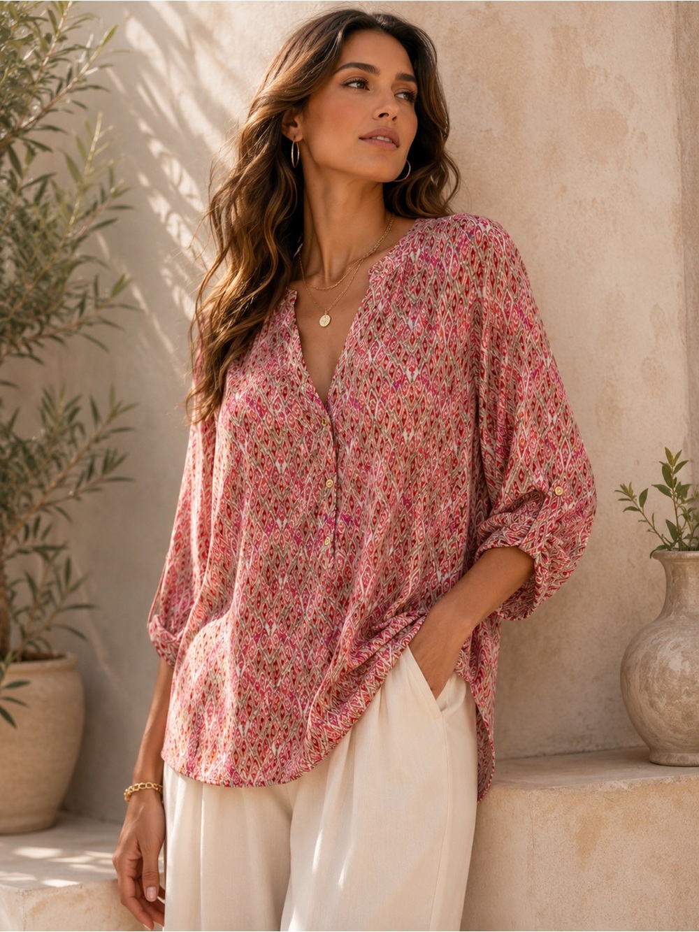 291. Grand & Greene Geometric Ikat Print Blouse | Split V-Neck | 20/30